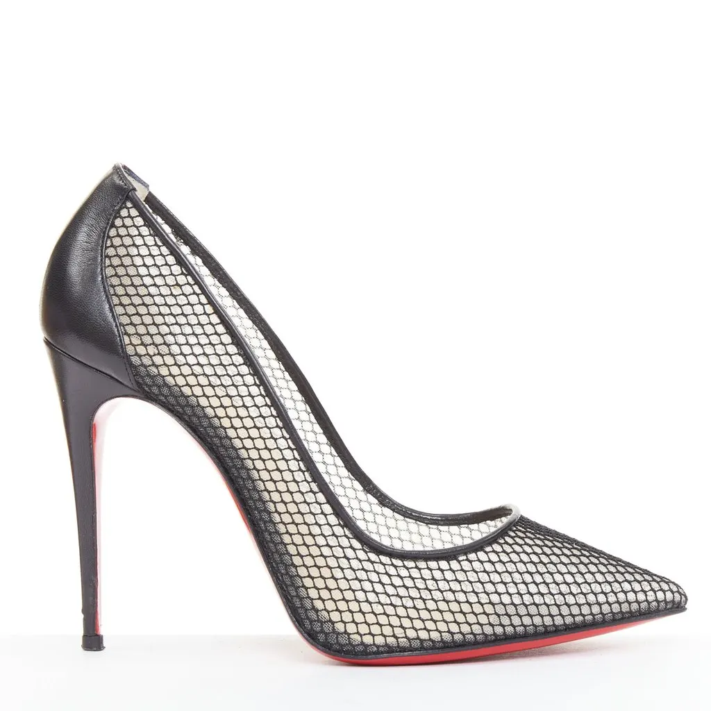 Christian Louboutin Follies Resille 100 Fishnet Pailette Black Leather Good - Front View