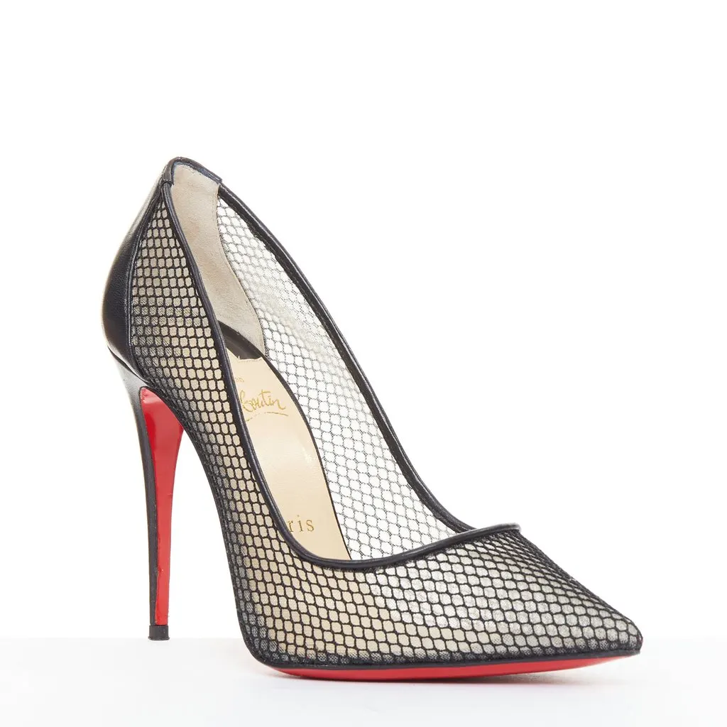 Christian Louboutin Follies Resille 100 Fishnet Pailette Black Leather Good - Back View
