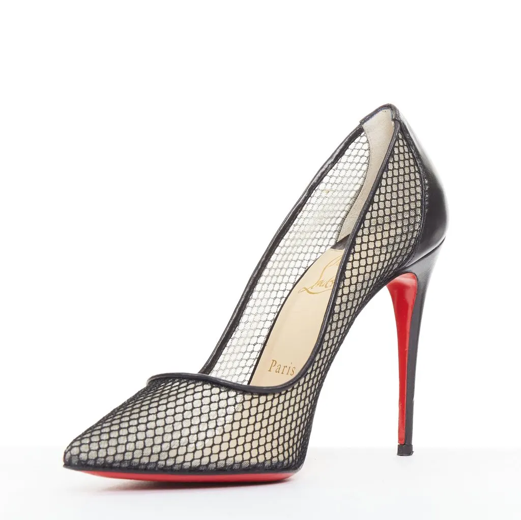 Christian Louboutin Follies Resille 100 Fishnet Pailette Black Leather Good - Model View
