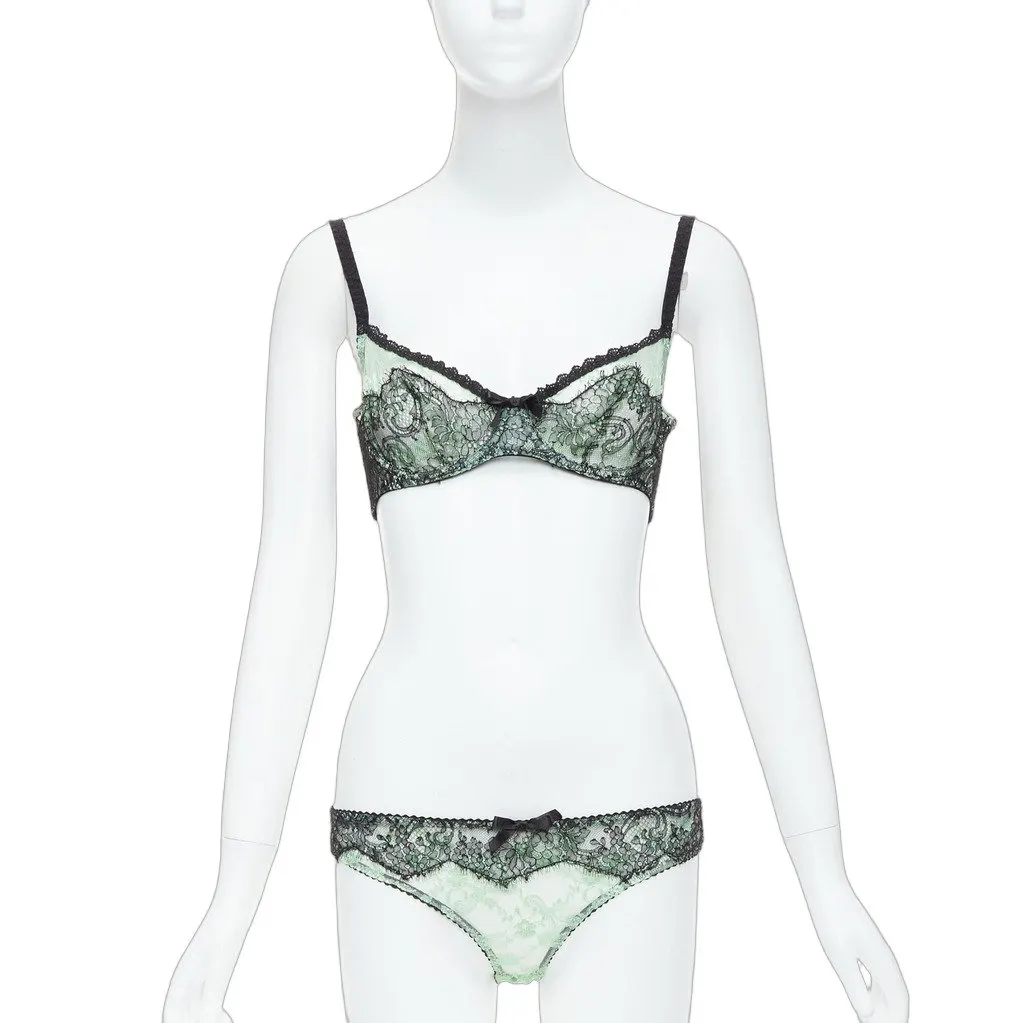 Agent Provocateur Lace Bow Bra Set Green Viscose Never worn, with tag - Front View