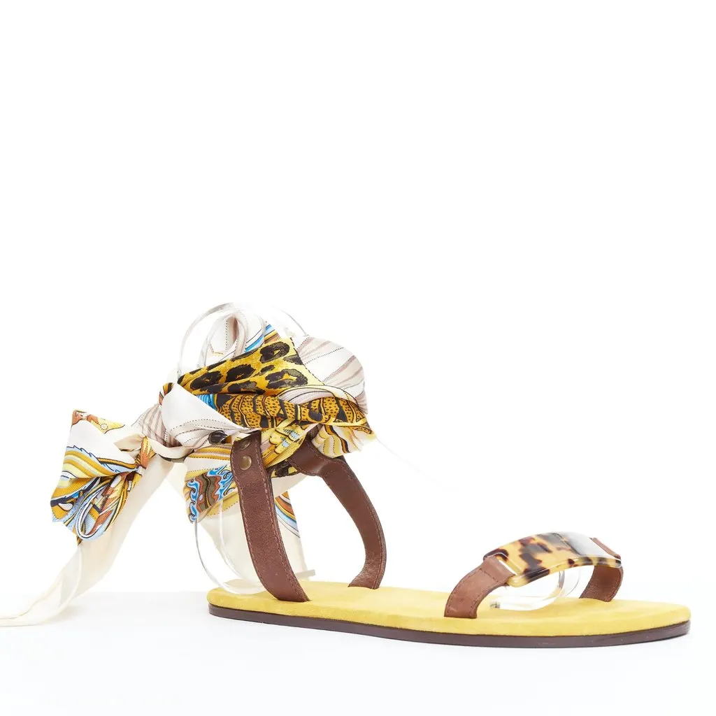 Unsigned Scarf Tie Sandals Yellow Leather Good - Back View