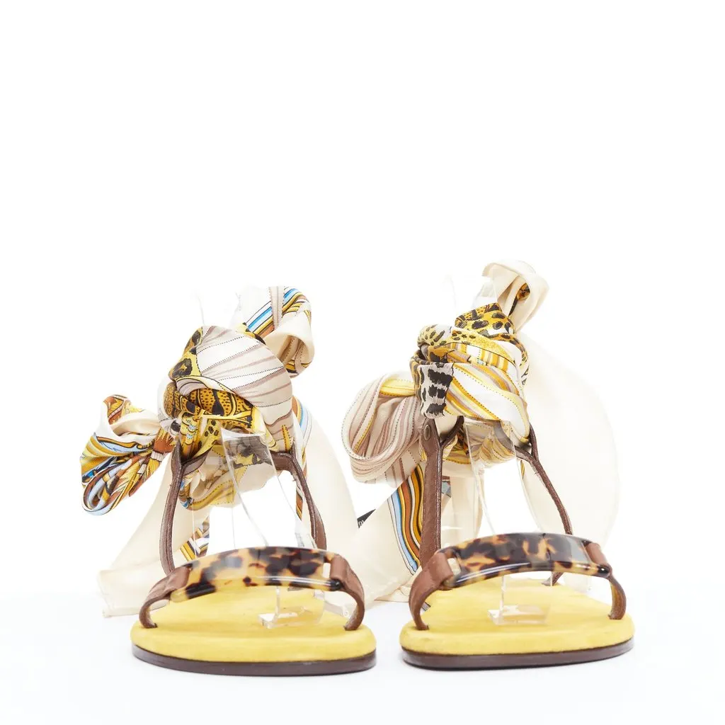 Unsigned Scarf Tie Sandals Yellow Leather Good - Inside View