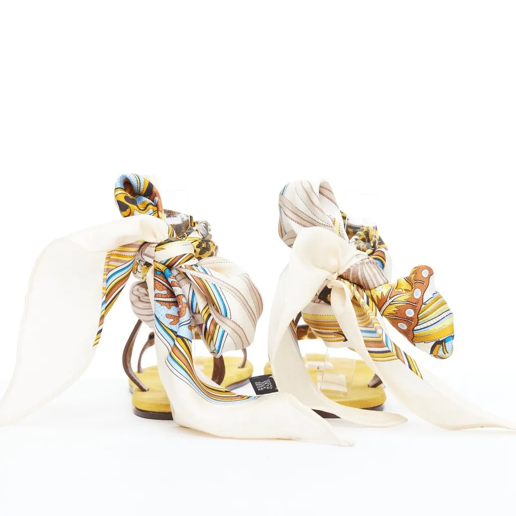 Unsigned Scarf Tie Sandals Yellow Leather Good - Box View