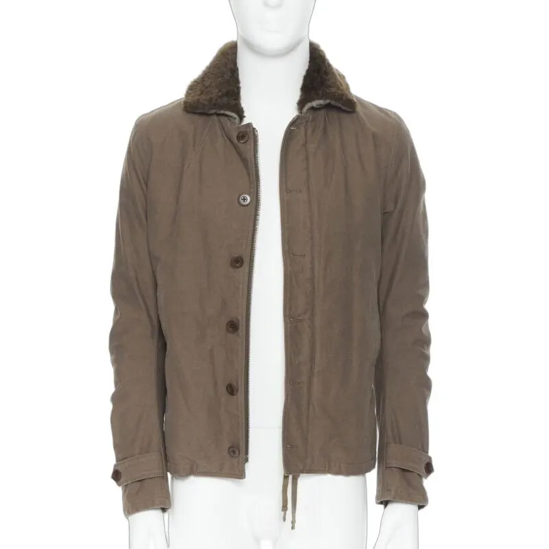 Unsigned Brown Shearling Flight Jacket Green Cotton Never worn - Front View