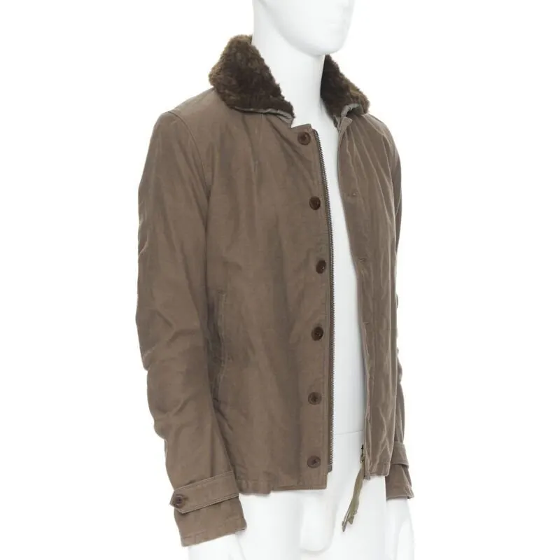 Unsigned Brown Shearling Flight Jacket Green Cotton Never worn - Inside View