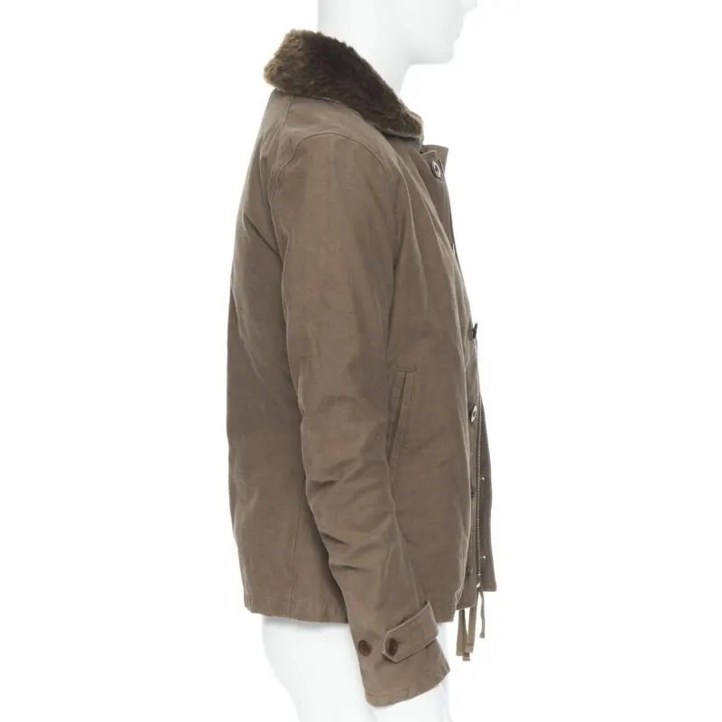 Unsigned Brown Shearling Flight Jacket Green Cotton Never worn - Model View