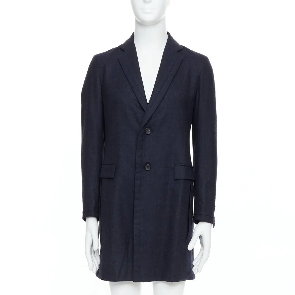 Giuliano Fujiwara Grey Checked Boxy Coat Navy Wool Good - Front View