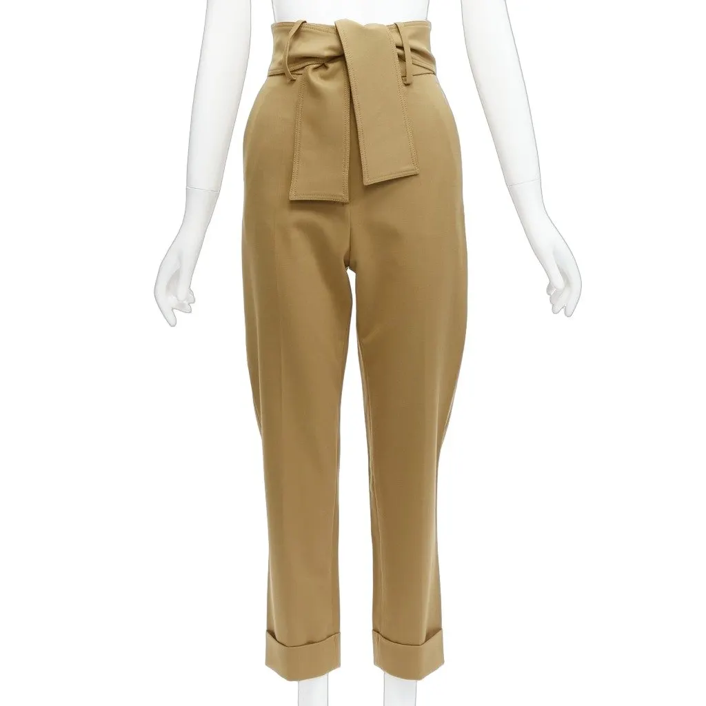 Sara Battaglia Tie Belt Pants Khaki Wool Never worn - Front View
