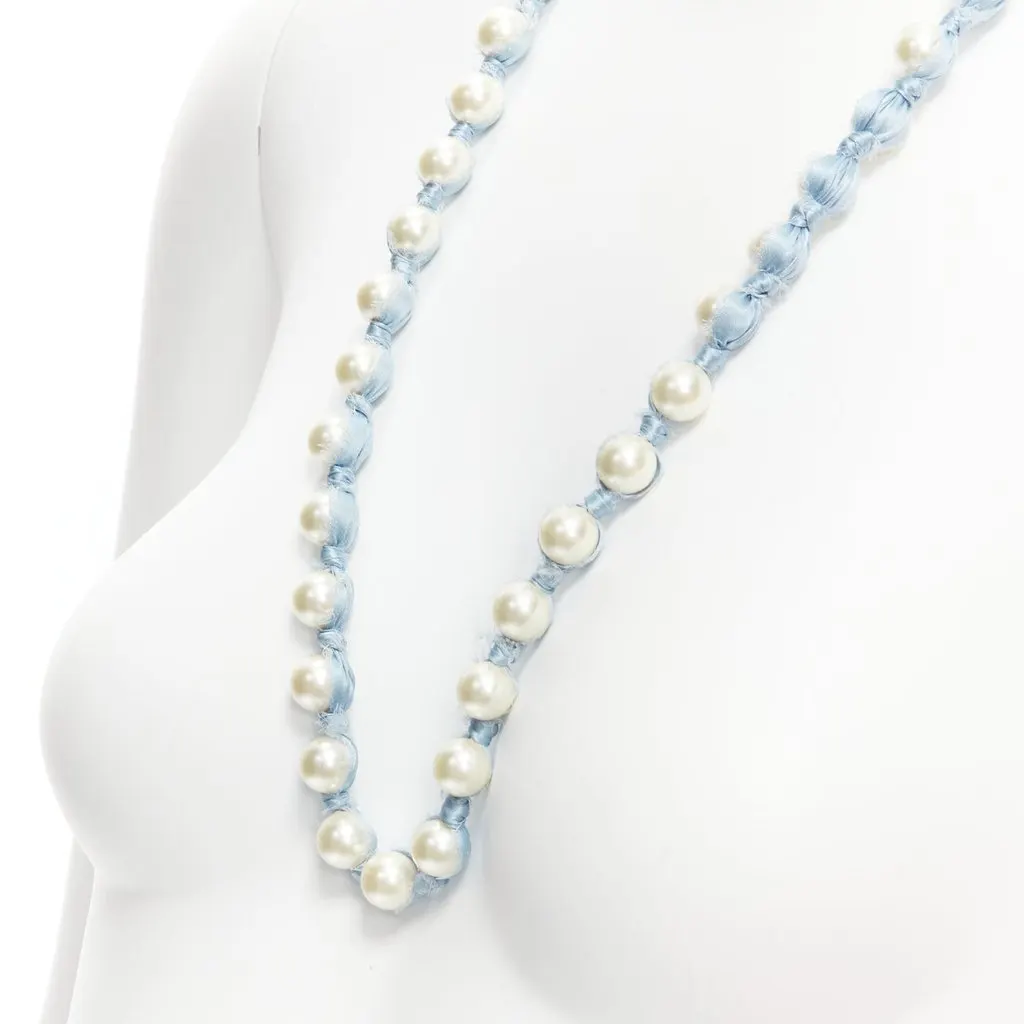 Lanvin Silk Ribbon Necklace Blue Pearl Never worn - Back View