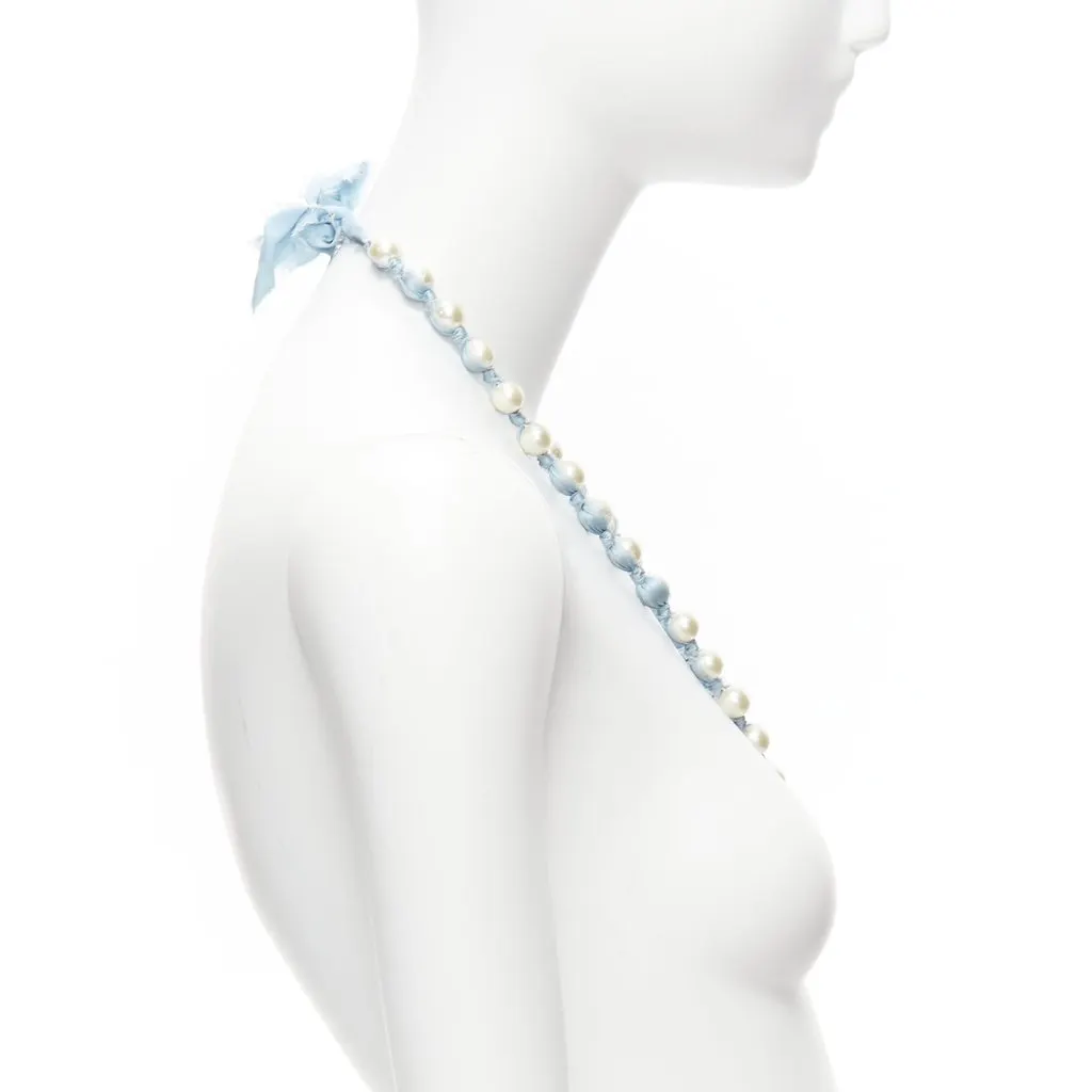 Lanvin Silk Ribbon Necklace Blue Pearl Never worn - Model View