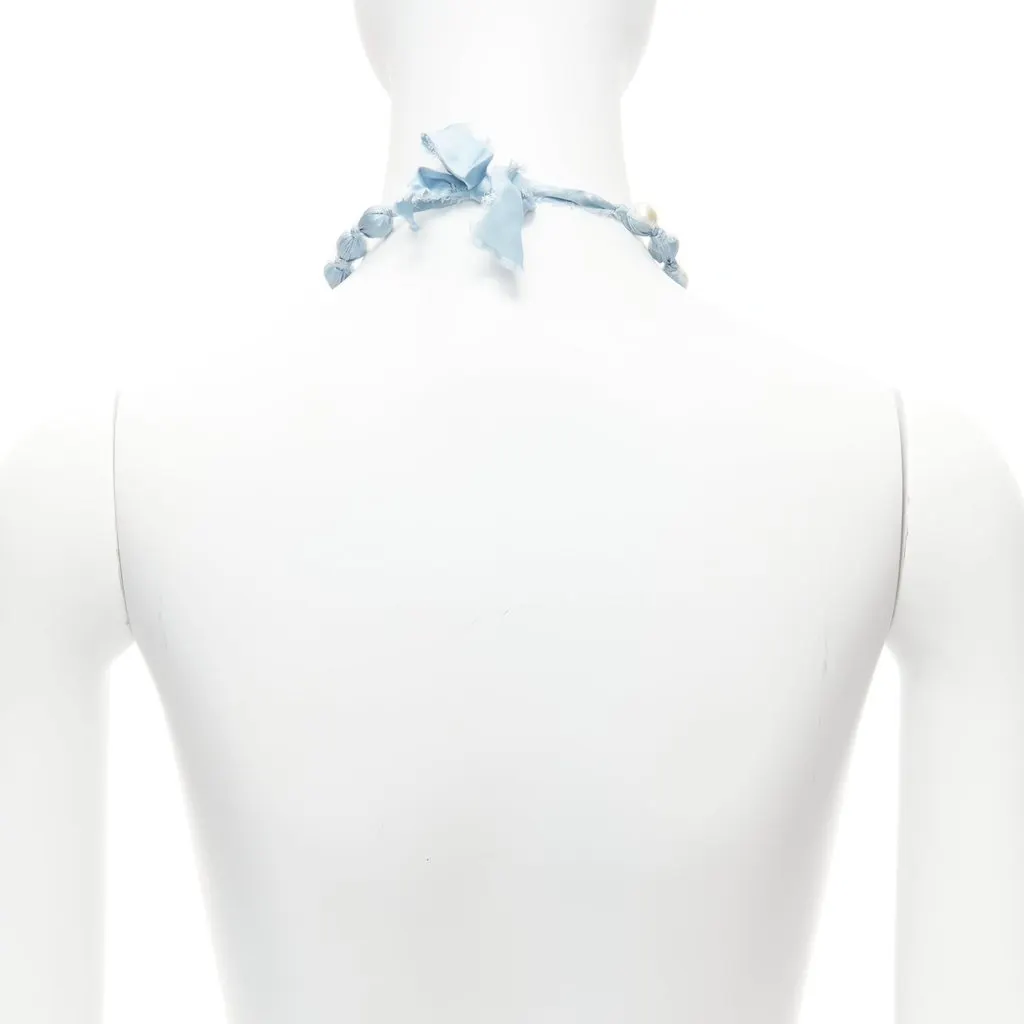 Lanvin Silk Ribbon Necklace Blue Pearl Never worn - Box View