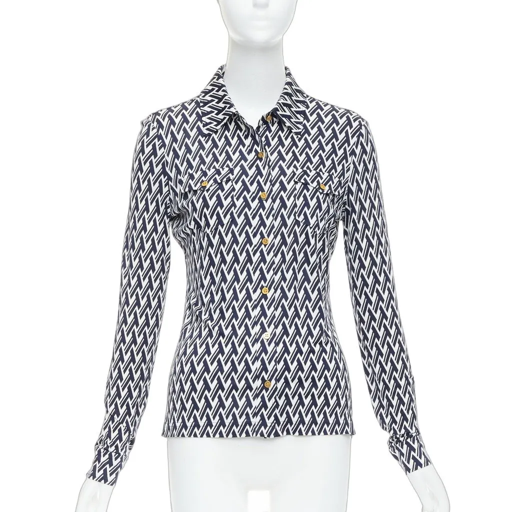 Tory Burch Monogram Print Shirt Navy Silk Never worn - Front View