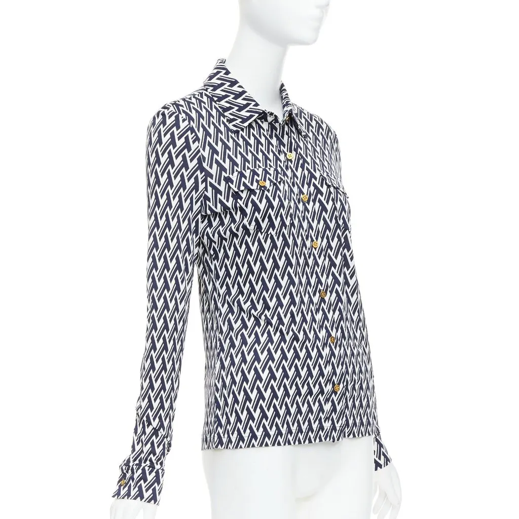 Tory Burch Monogram Print Shirt Navy Silk Never worn - Inside View