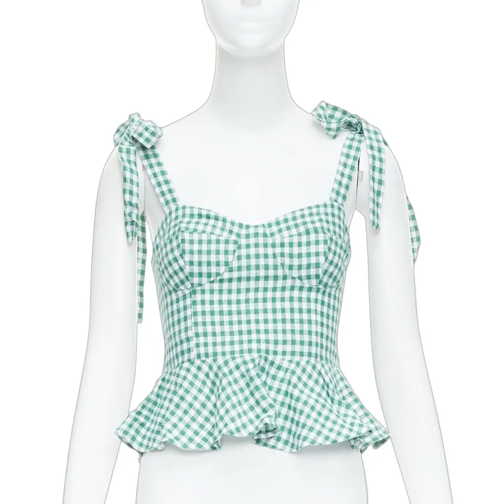 Reformation Set of Check Tops Green Linen Never worn - Front View