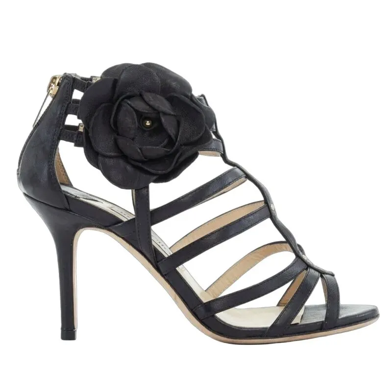 Jimmy Choo Flower Brooch Sandals Black Leather Good - Front View