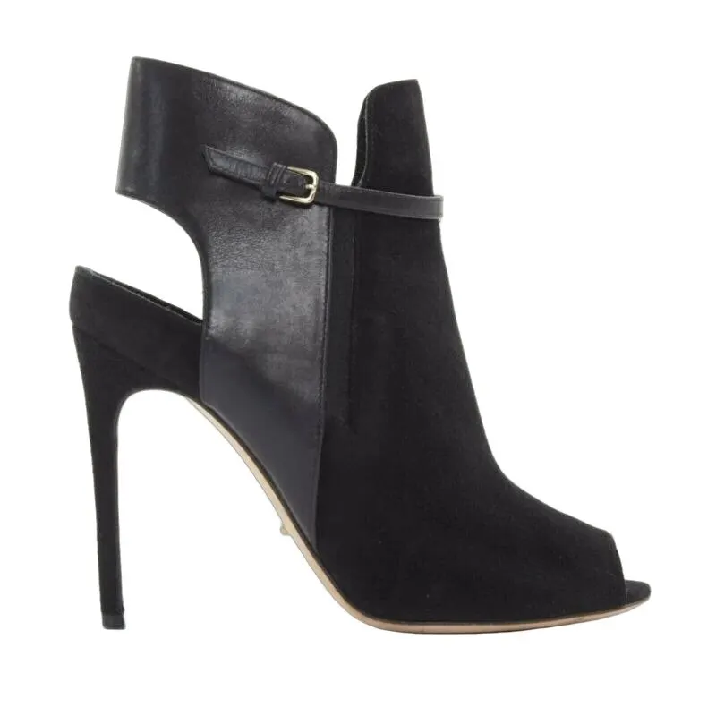 Sergio Rossi Strap Buckle Heel Booties Black Suede Very good - Front View