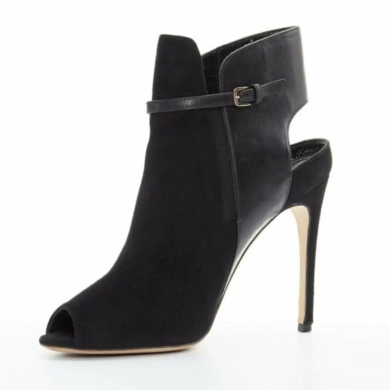 Sergio Rossi Strap Buckle Heel Booties Black Suede Very good - Model View
