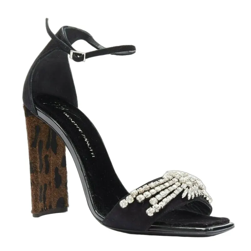 Giuseppe Zanotti Crystal Leopard Sandals Black Leather Very good - Front View