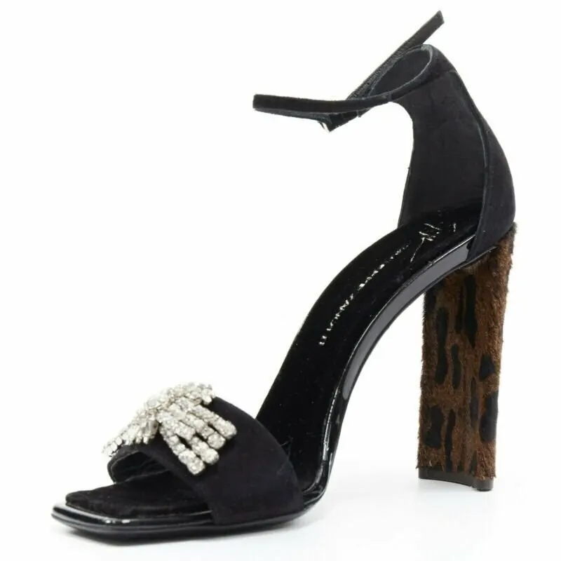 Giuseppe Zanotti Crystal Leopard Sandals Black Leather Very good - Model View