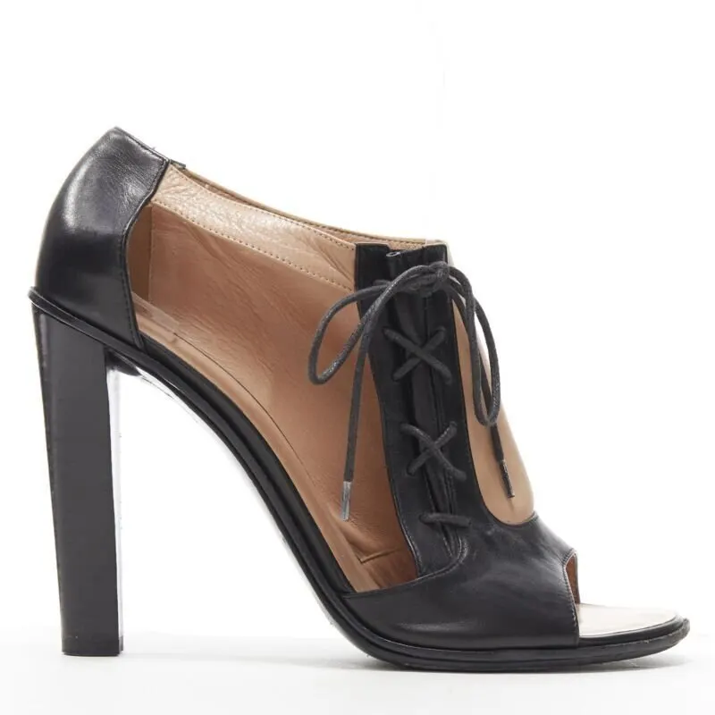 Celine Lace Open Side Booties Black Leather Good - Front View