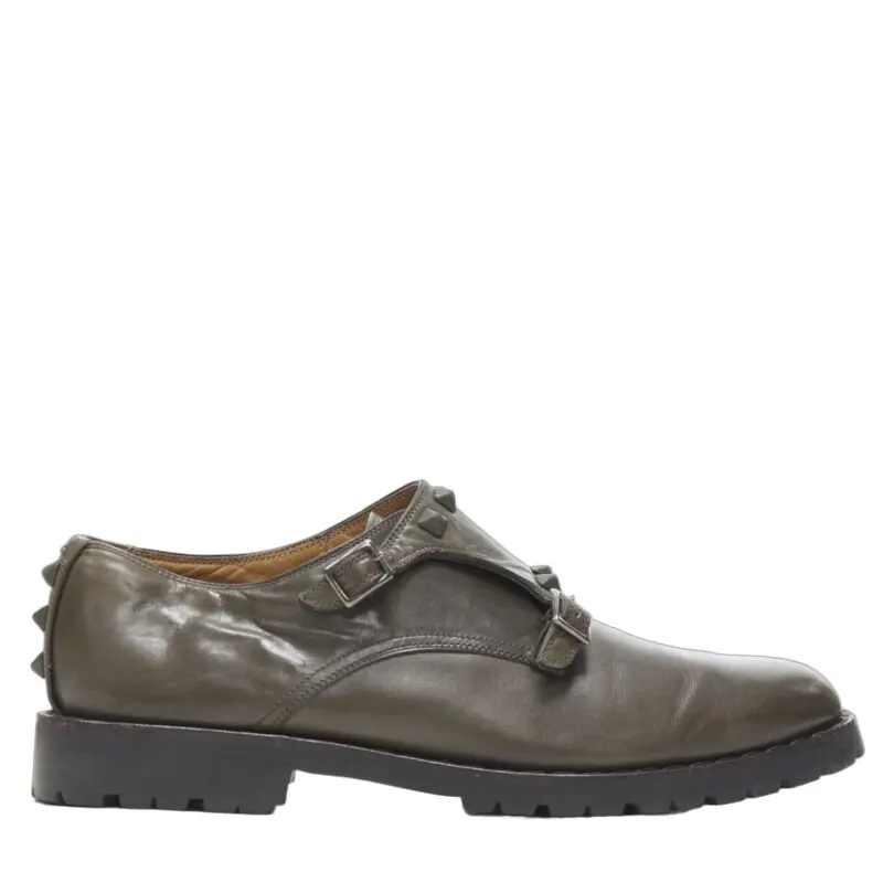 Valentino Studded Monk Brogues Green Leather Good - Front View