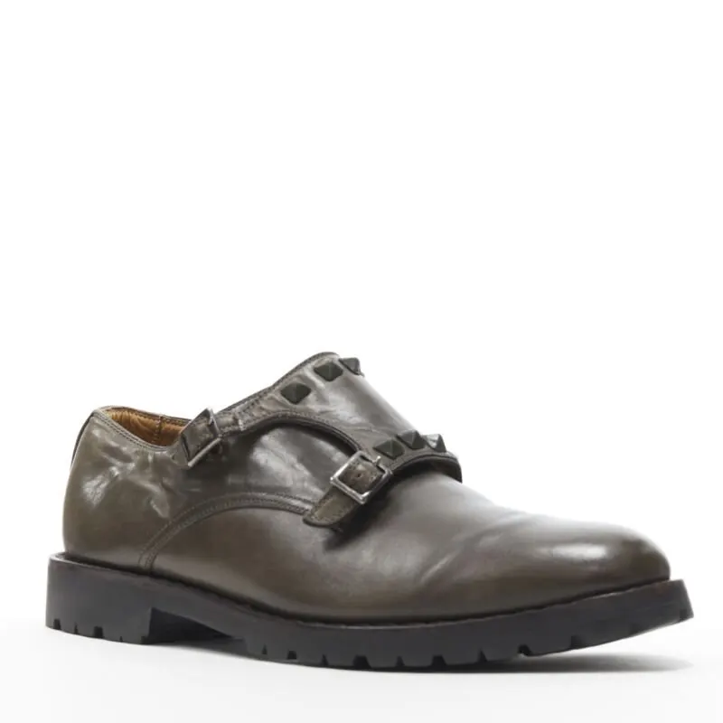 Valentino Studded Monk Brogues Green Leather Good - Back View