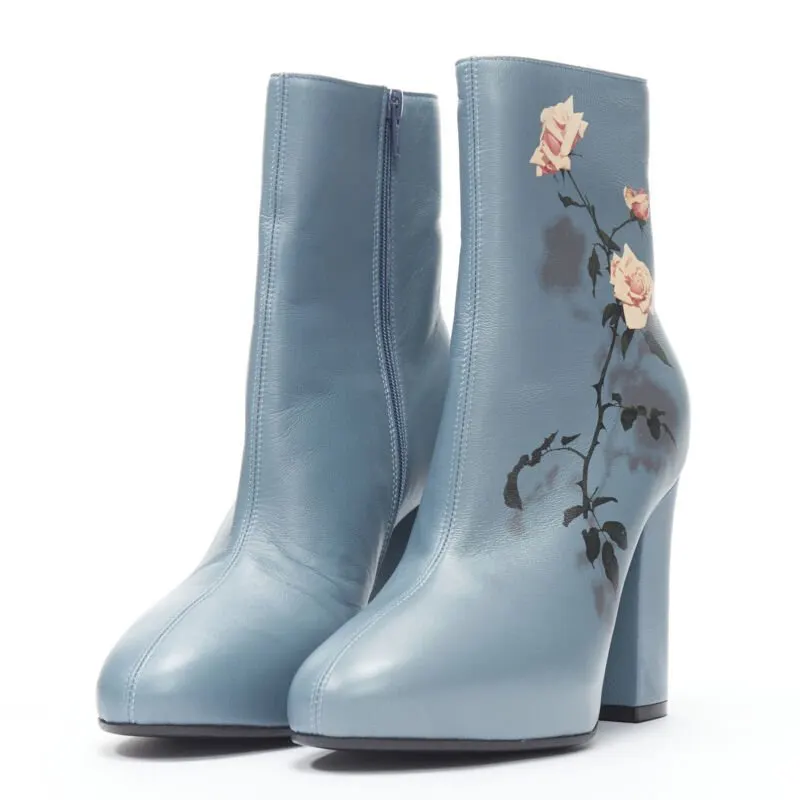 Dries Van Noten Floral paint bootie Blue Leather Very good - Front View