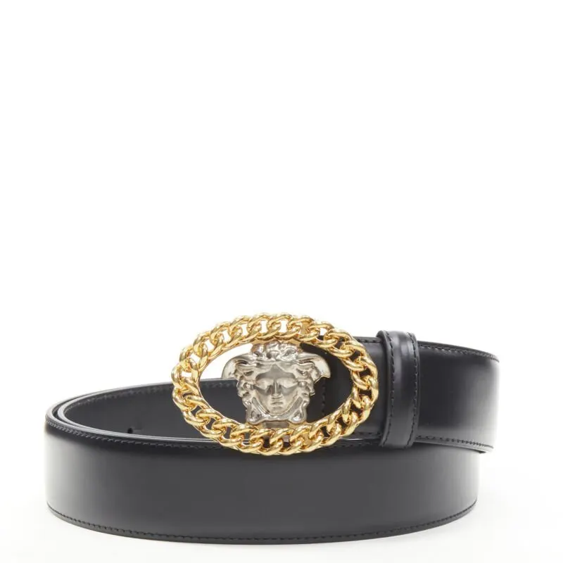 Versace Scaled Blue Leather Belt Black Leather Never worn, with tag - Front View