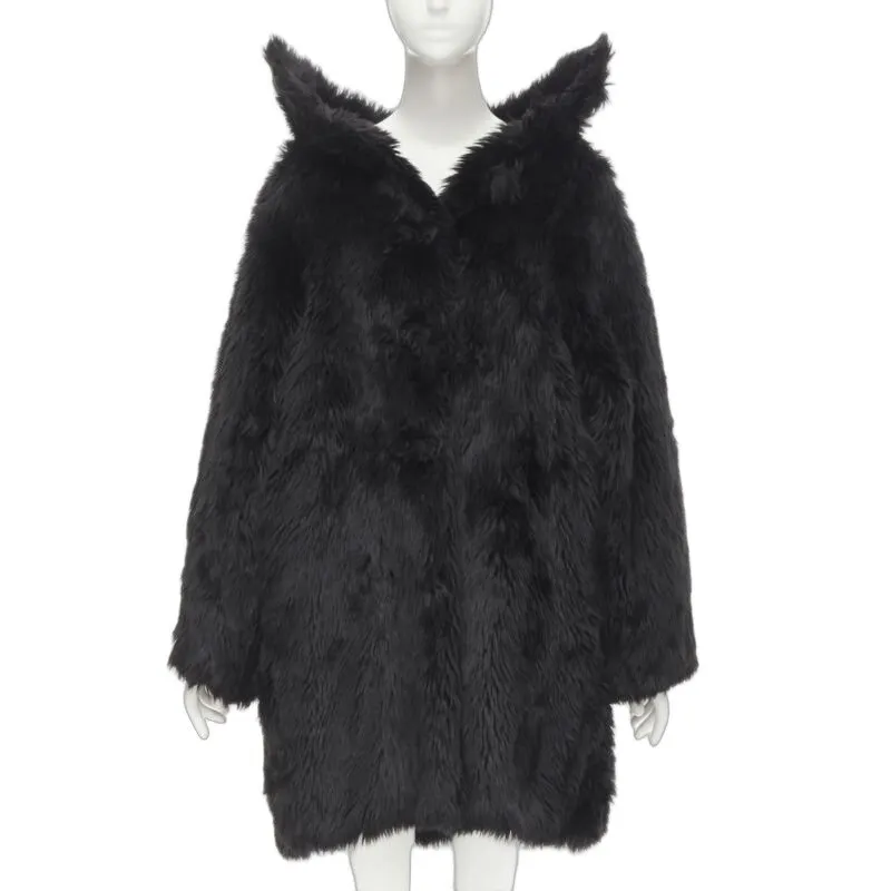 Balenciaga Black Fur Swing Coat Black Polyester Never worn, with tag - Front View