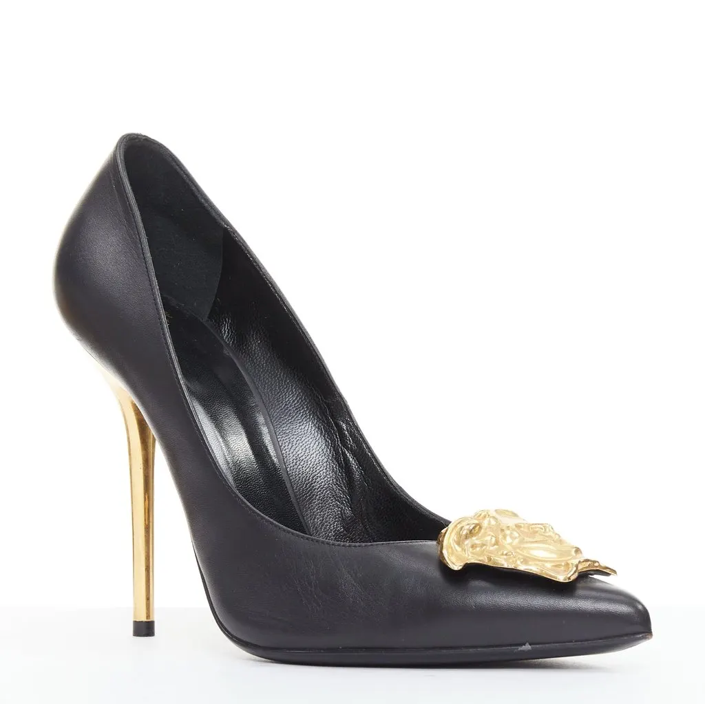 Versace Black Leather Heels Black Leather Good - Front View