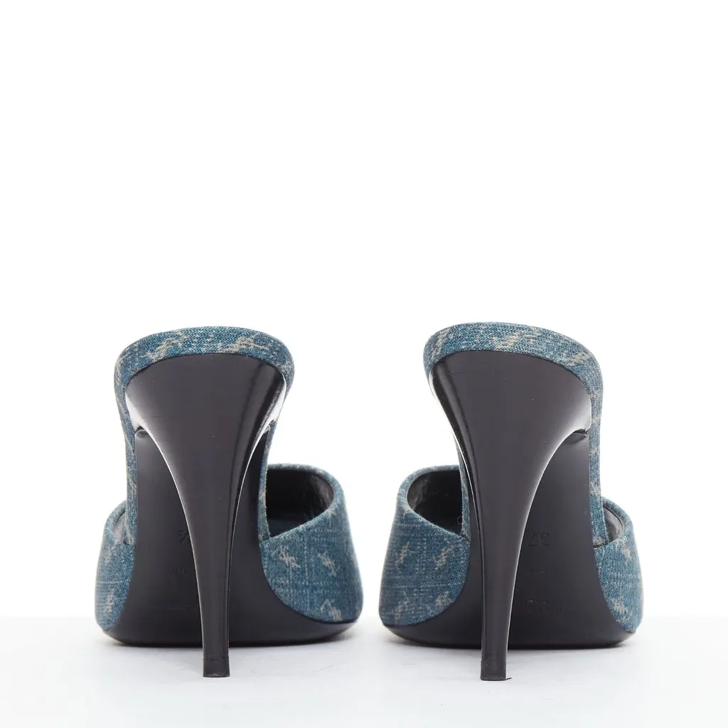 Saint Laurent Step into effortless Parisian chic with these YSL Cassandre mules, featuring all-over tonal YSL logo embroidery in washed denim and a sleek stiletto heel. Blue Denim Very good - Box View