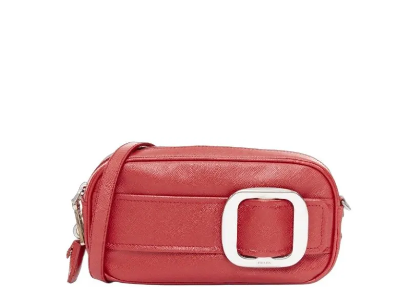 Prada Saffiano Buckle Camera Red Leather Good - Front View