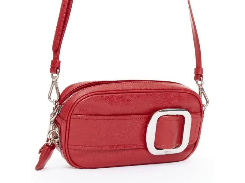 Prada Saffiano Buckle Camera Red Leather Good - Inside View
