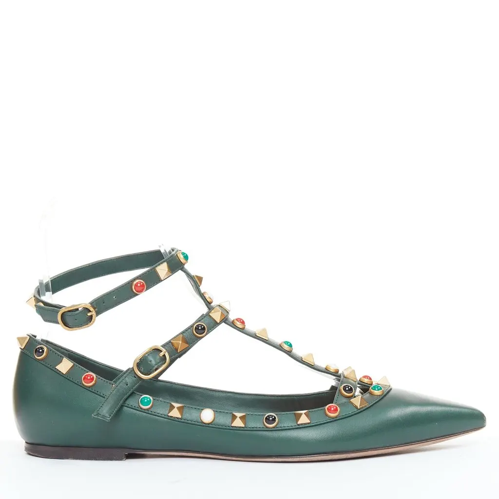 Valentino Rockstud Ballerina Green Leather Good - Front View