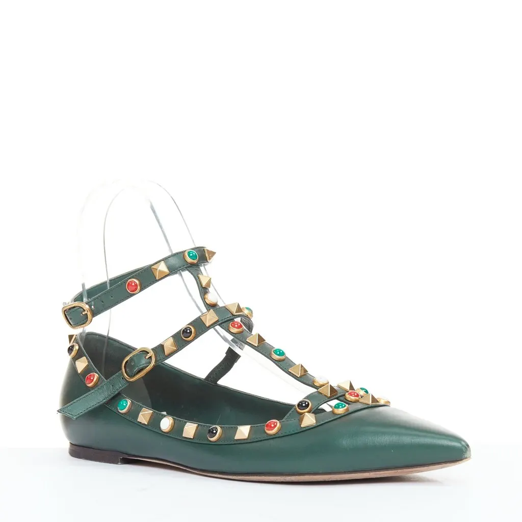 Valentino Rockstud Ballerina Green Leather Good - Back View