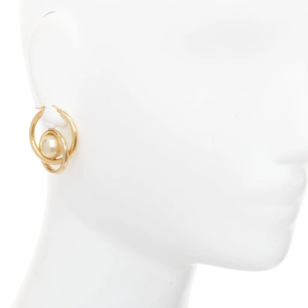 Celine Pearl Spiral Double Hoops Gold Metal Very good - Front View