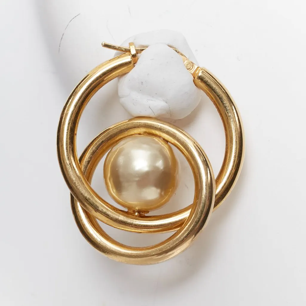 Celine Pearl Spiral Double Hoops Gold Metal Very good - Model View