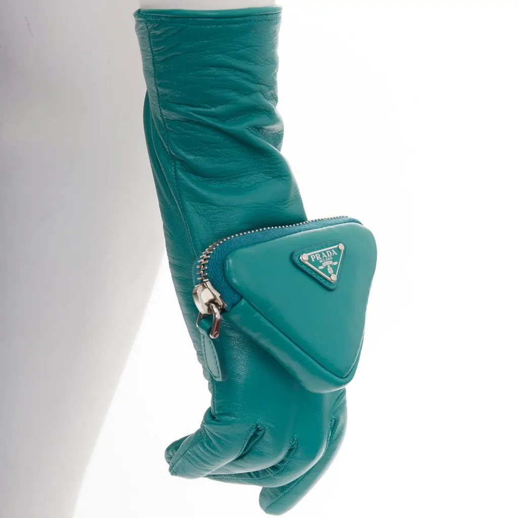 Prada Turquoise Leather Gloves Turquoise Leather Never worn, with tag - Back View