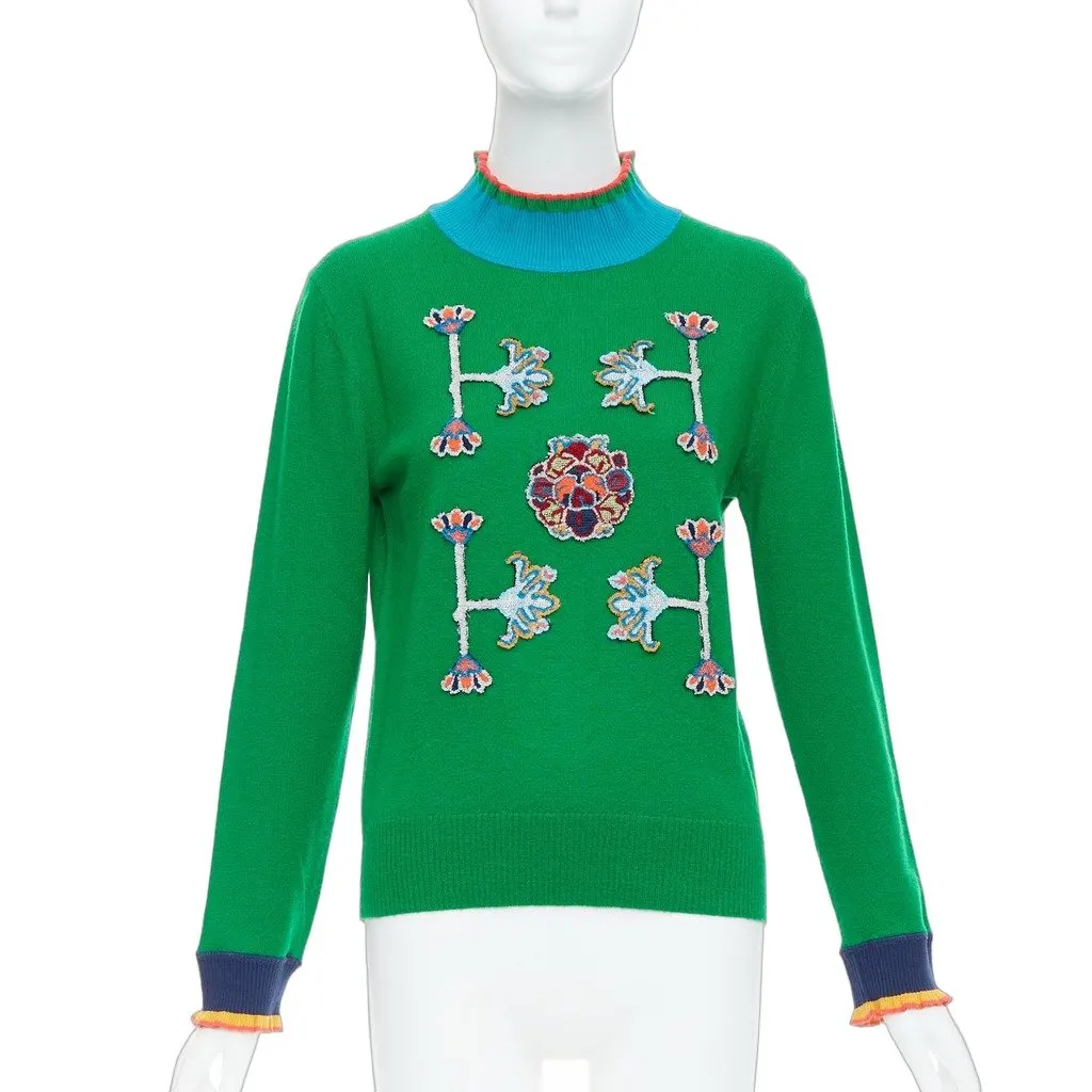 Vivienne Tam Oriental Patch Sweater Green Wool Never worn - Front View