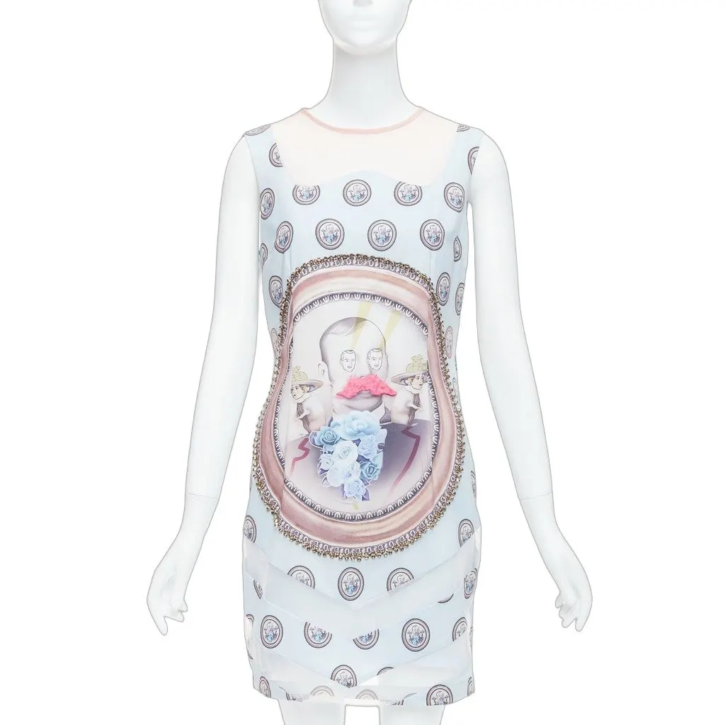 MSGM Portrait Shift Dress Blue Silk Good - Front View
