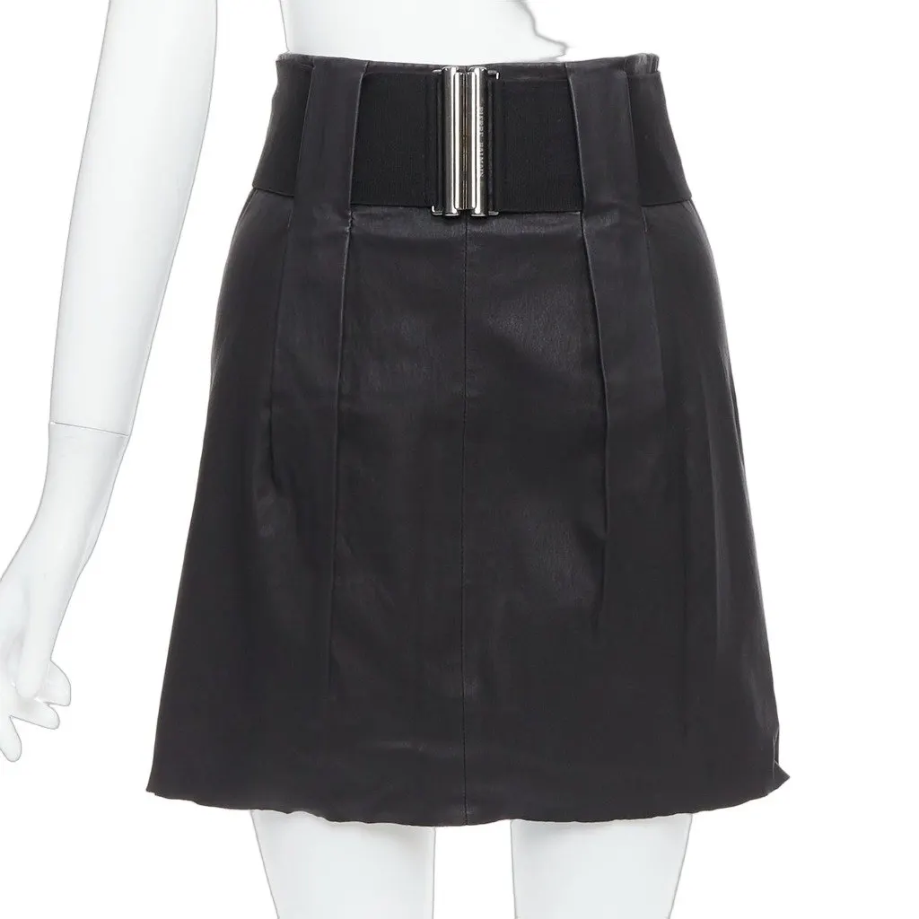 Pierre Balmain Elastic Belt Skirt Black Leather Good - Front View