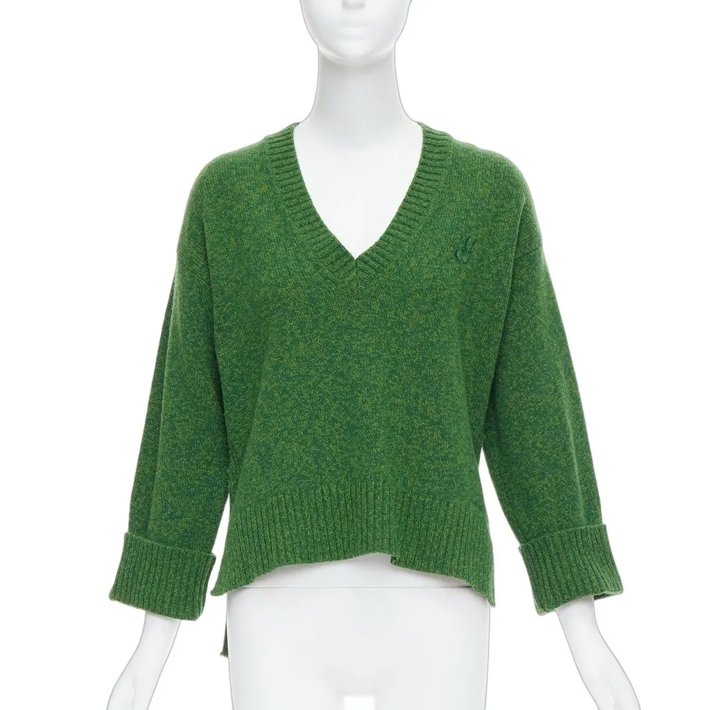 Ganni Vneck Cropped Sweater Green Wool Never worn - Front View