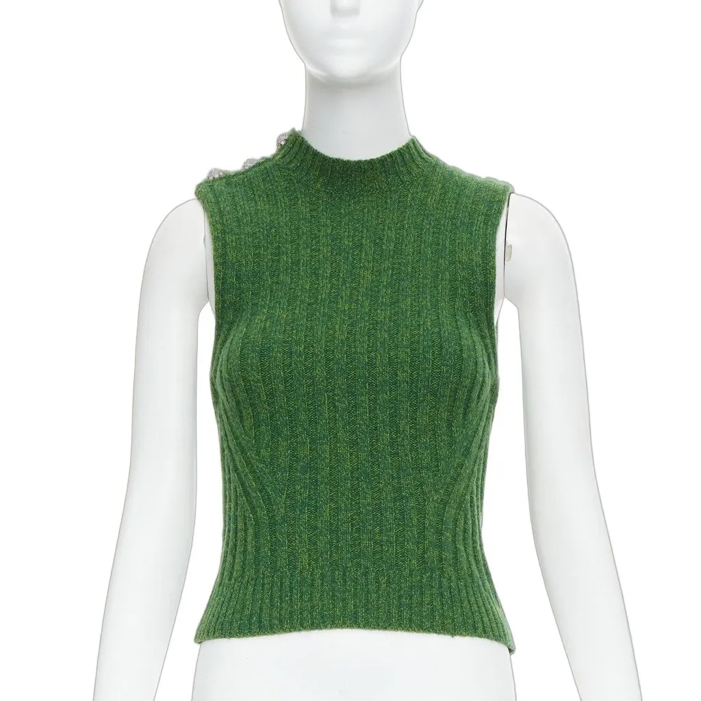 Ganni Crystal Button Vest Green Polyester Never worn - Front View