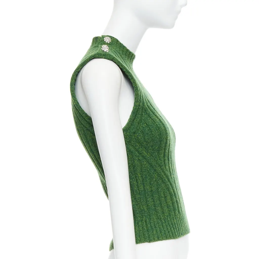 Ganni Crystal Button Vest Green Polyester Never worn - Model View