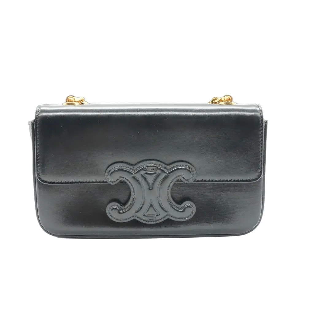 Celine Small Cuir Triomphe Chain Shoulder Bag Black Black Leather Good - Front View