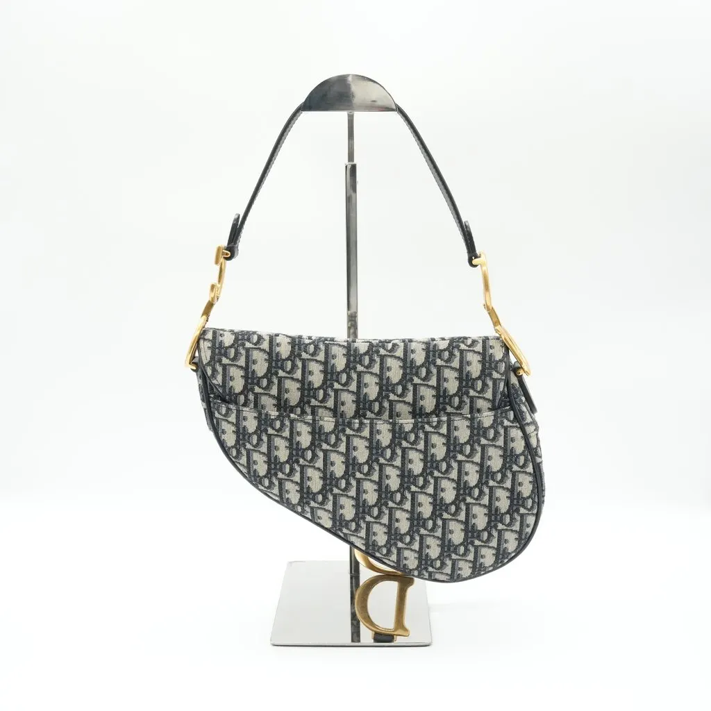 Dior Saddle Bag Blue Oblique Canvas Black Canvas Good - Back View