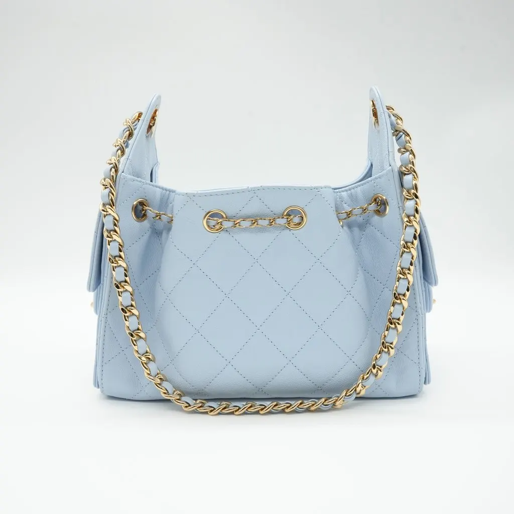 Chanel 25 Mini Handbag Light Blue Quilted Calfskin Leather Blue Leather Very good - Back View