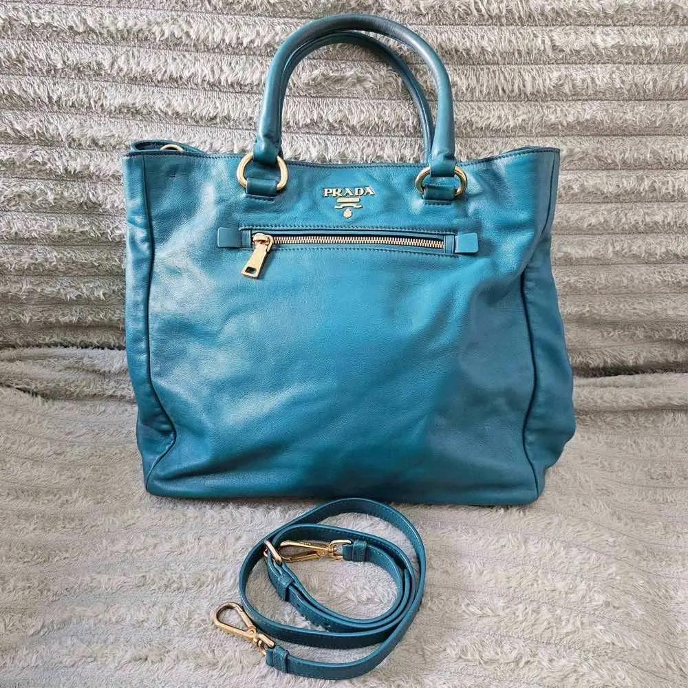 Prada Shopper Tote Blue Leather Gold Good - Back View