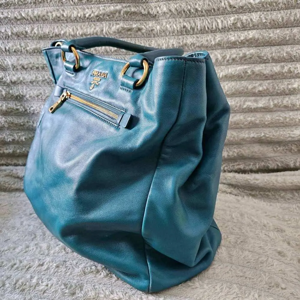 Prada Shopper Tote Blue Leather Gold Good - Inside View