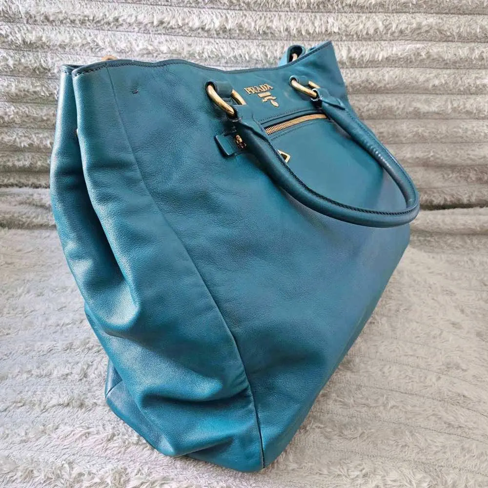 Prada Shopper Tote Blue Leather Gold Good - Model View